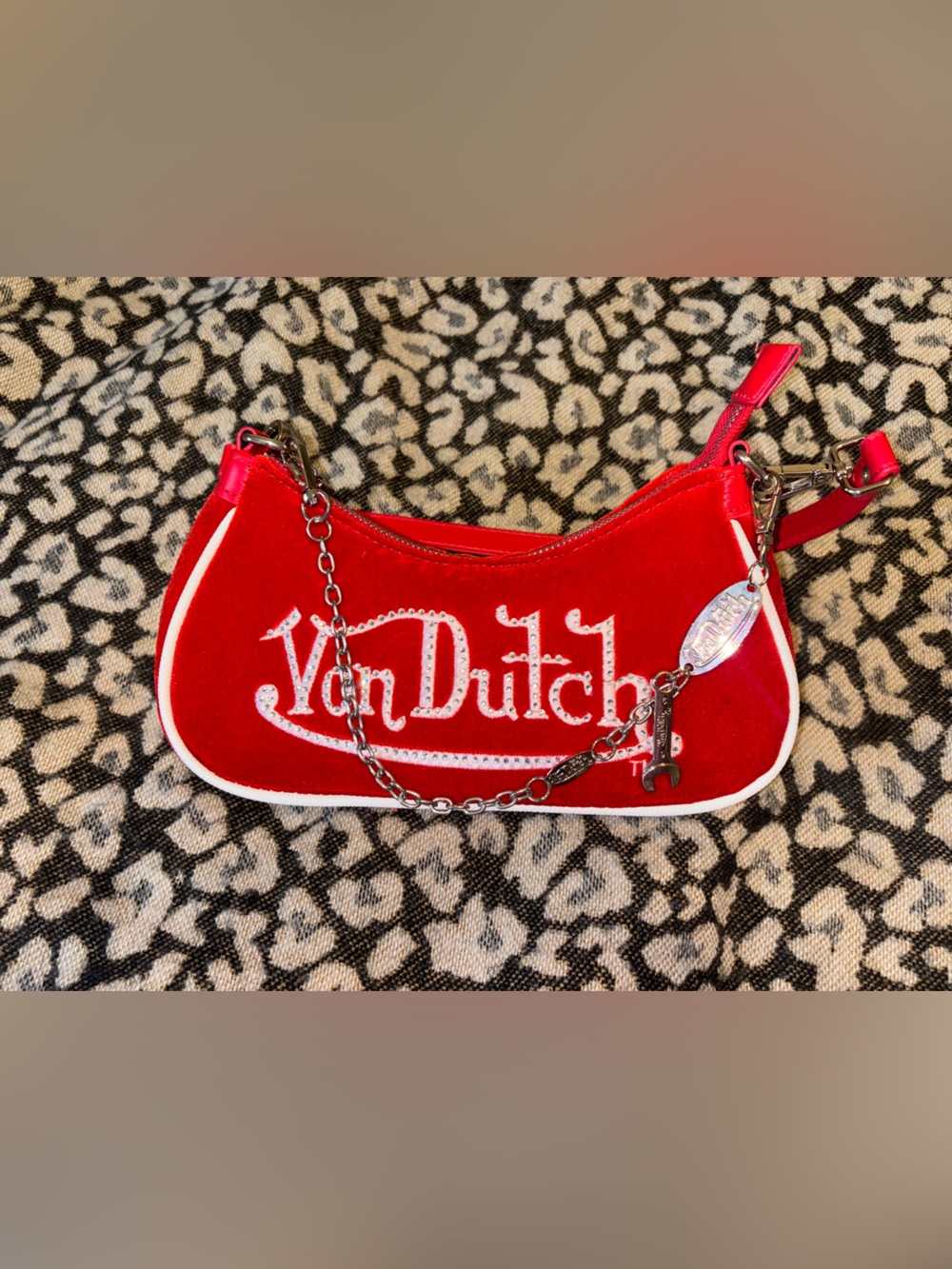 NWOT Von Dutch Red Velvet Rhinestone Logo Shoulder Bag Wrench Charm